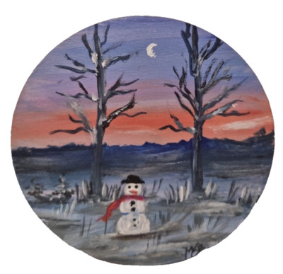 Original Weihnachten handbemalt Schneetag Schneemann auf rundem Holzbrett 10 cm