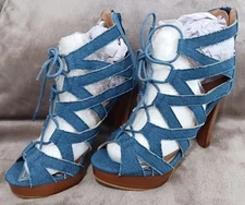 New Top Moda Denim Peep Toe Platform High 4" Heel Lace Up Strappy Pumps