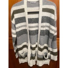 Pink Clover Striped Fuzzy Knit Cardigan Cozy Sweater Gray White Olive Green S
