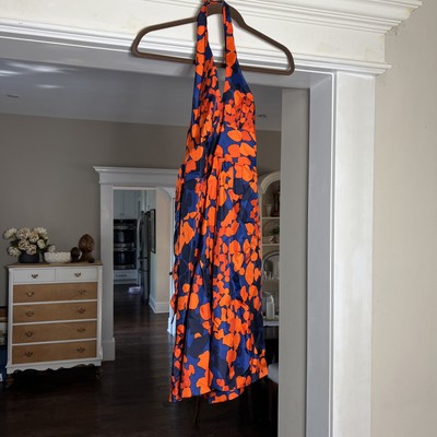 Milly Women's Orange Blue Mosaic Print V-neck Halter Silk Mini Dress. Size 2