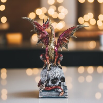 9.25''H Red Dragon on Skull and Book Figurine Ornament Home Decor Unique Gift