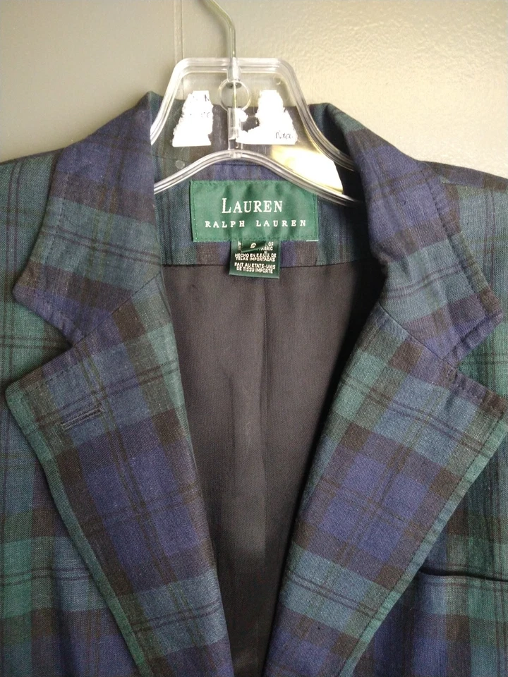 Lauren Ralph Lauren Jacket Women Sz 6 Black Watch Tartan Plaid Blazer 100% Linen - Image 3 of 4