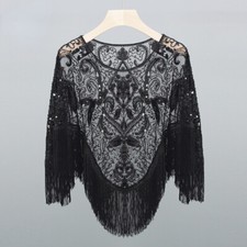 Ladies Tasseled Sequins Sheer Cape Wrap Shawl Shiny Wedding Bolero Shrug Top Bar