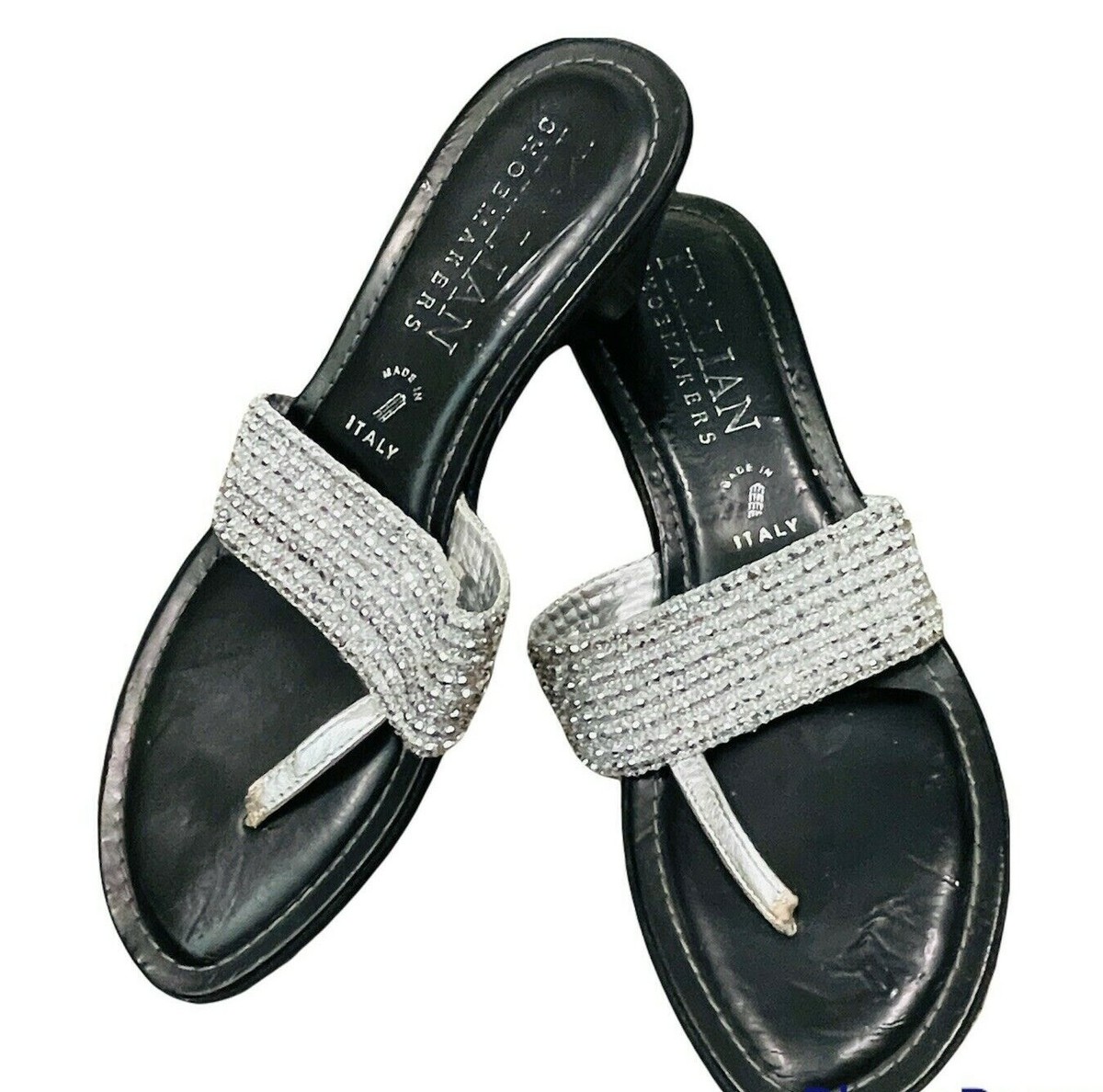 Italian Shoe Maker Womens Sandal Heel Silver Beaded Studs Slip On Sz Italy