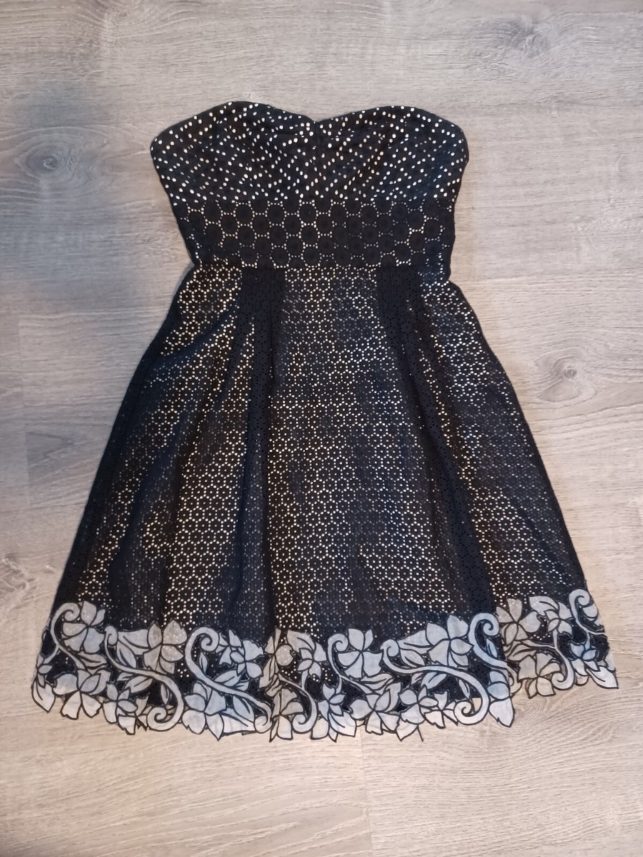 Midi Dress Bcbg Black Floral Dress BCBG MAXAZRIA Strapless Party Midi Dress  Black Embroidered Fairy Core