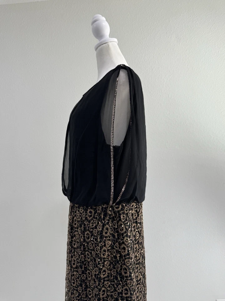 Платье макси официальное Aidan Mattox черное золото блестки кружевное размер 14 без рукавов шелк - Изображение 4 из 4