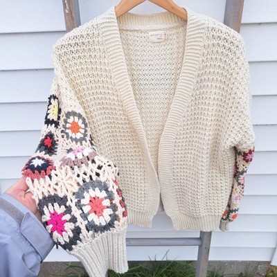 Dreamers by Debut Cream Crochet Granny Square Sleeve Cardigan Sweater M/Large