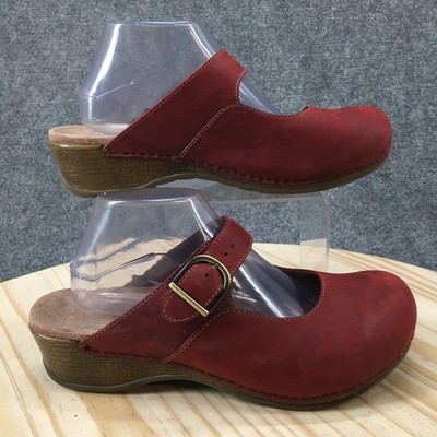 Dansko Shoes Womens 41 Clogs Red Leather Slip On Round Toe Wedge Heels Casual