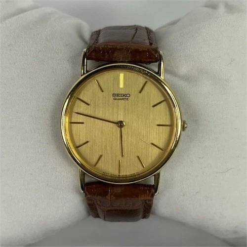 Vintage Seiko Quartz 5Y30-7009 Gold Tone & Dial Brown Leather Band Men’s Watch