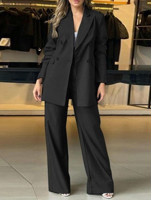Two Piece Set Women's Solid Double Button Lapel Neck Blazer & Plicated Pants New