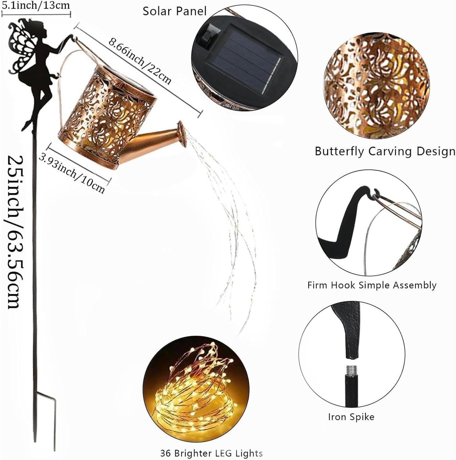 Fairy Garden Decor Solar Watering Can, Waterproof Hanging LED Garden Lights for