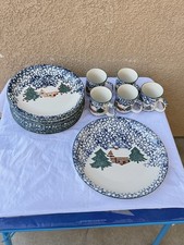 VTG Christmas Tienshan Folk Craft Cabin in the Snow Stoneware 16 Pieces