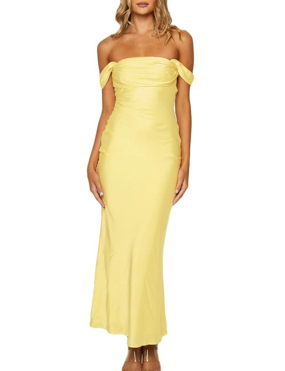 strapless satin open back maxi dress in gold Gold Long Strapless Stretch Satin Dress With Sweetheart Neck
