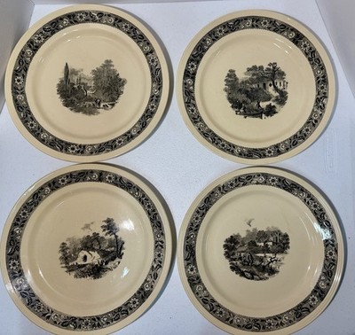 Antique 1900 Sepia Plate Boch la Louviere Black White/Ivory Set Of Four Plates