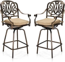 VINGLI Outdoor Swivel Bar Stools Set of 2, Cast Aluminum Patio Bar Height Chairs