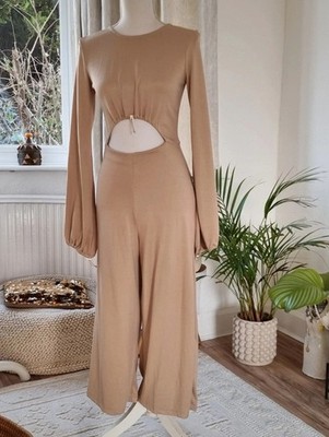 Zara Beige Long-Sleeve Cutout Jumpsuit Size S Crop Pouf Sleeves Tan RX10363