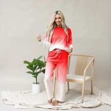 Cotton Ombre Dye French Terry Long Sleeve Top Wide Leg Lounge Pants Pockets SET