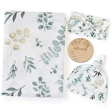 Newborn Swaddle Set with Matching Hat and Headband Bow, Eucalyptus Pattern