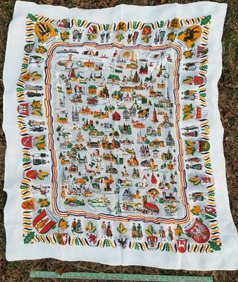 Vintage German Map Tablecloth Family Crest Country Seaside Castle Windmill 49x58