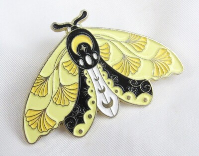Yellow Black Fancy Embossed Metal Moth Butterfly Ginkgo Leaves Brooch Pin