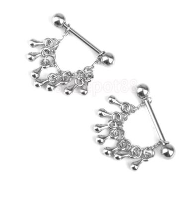 1 Pair 14G Stainless Steel Water Drop Tassel Nipple Ring Body Piercing