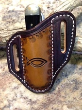 TOOLED CHRISTIAN FISH  PANCAKE STYLE SHEATH FOR TRAPPER STYLE KNIVES 