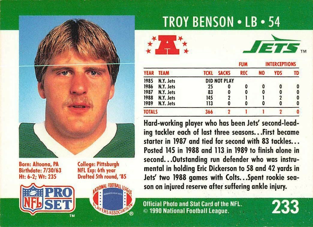 1990 Pro Set Football Card #233 Troy Benson Jets | eBay