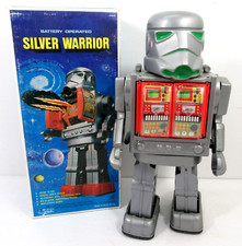 Vintage Battery Operated Silver Warrior Space Robot Toy in Box Hong Kong