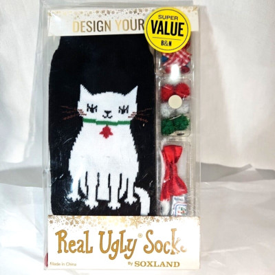 Design Your Own Real Ugly Socks by Soxland Holiday Cat white black Size 9-11 New