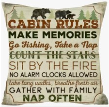 CABIN RULES Decorative Linen Throw Pillow Cover 18x18 Winter Holiday Cabin Decor