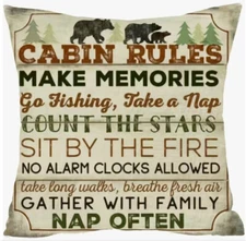 CABIN RULES Decorative Linen Throw Pillow Cover 18x18 Winter Holiday Cabin Decor