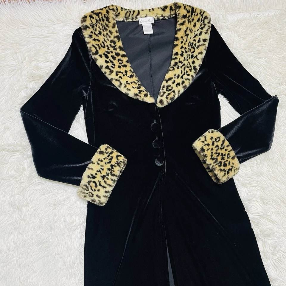 Vintage Charlotte Russe Top Women Medium Black Faux Fur Trim Button Duster M - Image 2 of 4