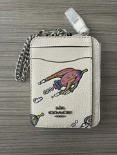 NWT Coach Cosmic Zip Card Case With Rocket Print CW889 Silver / Chalk Multi