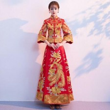 Phoenix Womens Chinese Wedding Dress Embroidery Long Sleeve Beading Cheongsam Sz