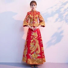 Phoenix Womens Chinese Wedding Dress Embroidery Long Sleeve Beading Cheongsam Sz