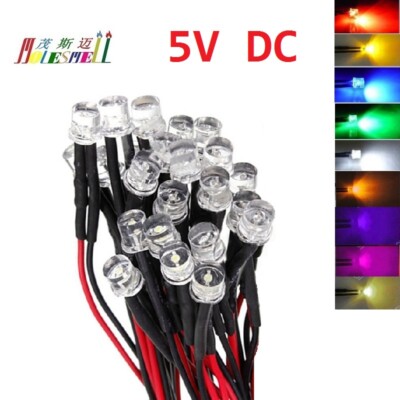 5mm Flat 5V Pre-Wired Red Yellow Blue Green White Orange UV Pink Warm ...