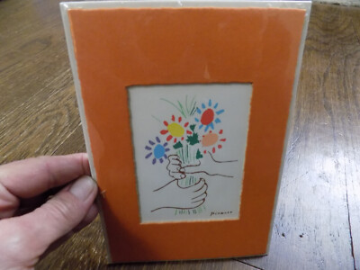 Vtg Pablo Picasso Bouquet of Peace Orange Matted Print w/ Greeting Card Wall Art
