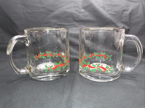 Vtg  Libbey Arbys Christmas Holly Berry  Glass Coffee Mug Gold Trim Set Of 2
