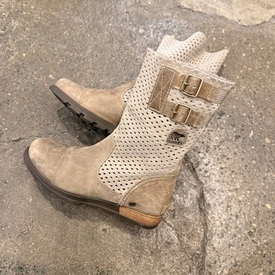 Sorel Major Moto Womens 5 Tan Perforated Leather Buckle Boots Pull On Used