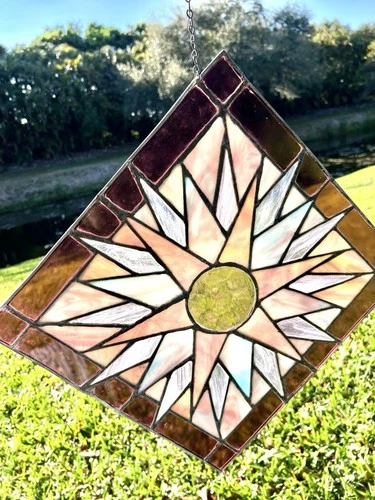 Vintage Tiffany-Style Hanging Stained Glass Panel, Handmade, 14.5×14.5 Inches