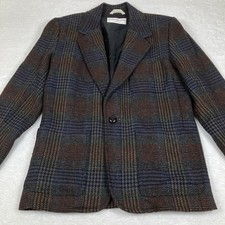 VTG Yves Saint Laurent Mens 36 100% Wool Multicolor Plaid Leather Button Blazer