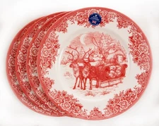 Royal Stafford Santa's Sleigh & Reindeer Red Christmas Dinner Plates Set of 4