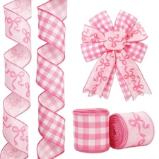 Pink Bow Wired Edge Ribbon Coquette Ribbon Bow Plaid Craft Fabric Ribbon for ...