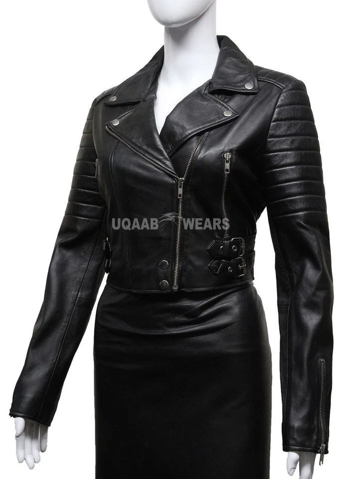 Ladies Women's Black Short Cropped Biker Real Leather Jacket Moto Fitted Jacket - Image 2 of 4
