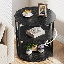 Rotating round Side Table 3-Tier End Table with Metal Frame, Nightstand (Black)