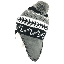 Polar Wear Kids Beanie Hat Ear Flaps Fleece Lined Striped Knit Pom Gray Black OS