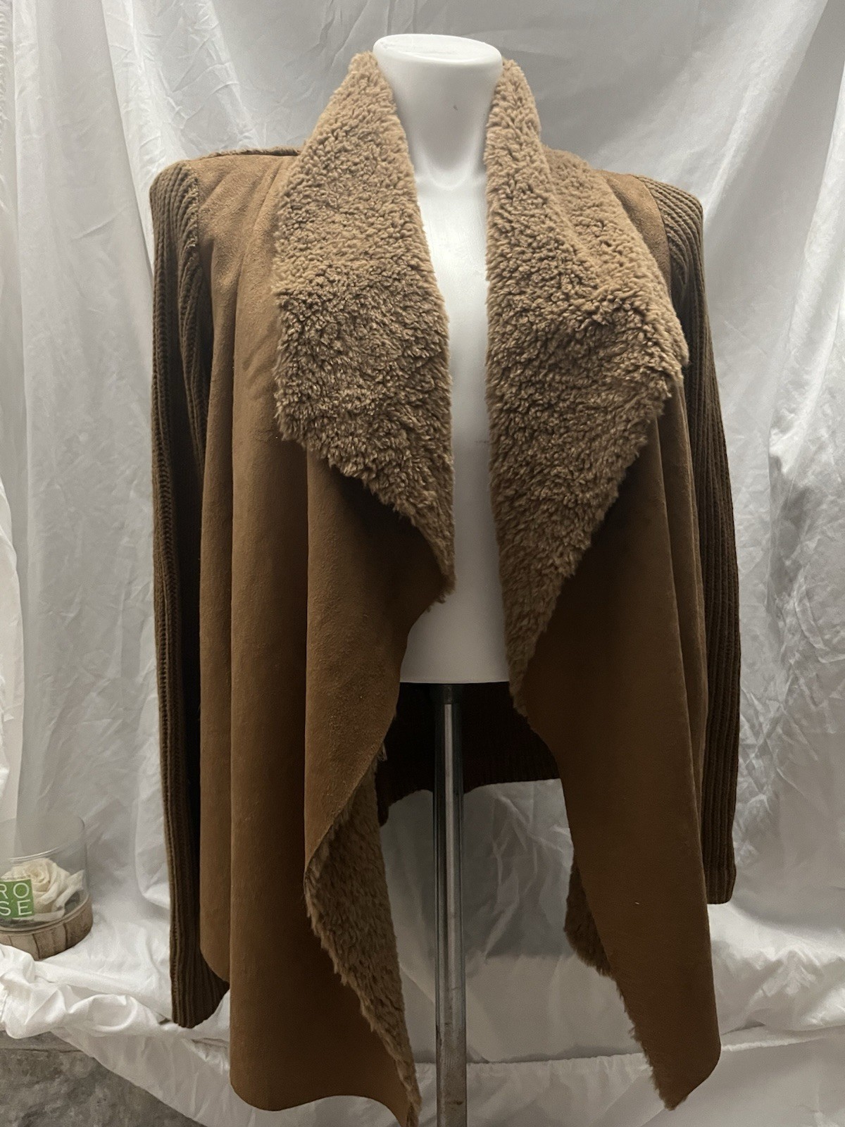 Song N Spirit Brown Suede/Fur/Knit Jacket w/ Shearling Collar Waterfall Design M