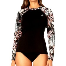 Hurley Women's UPF 50 Long Sleeve Pull Over Rash Guard Black Tropical Palms S