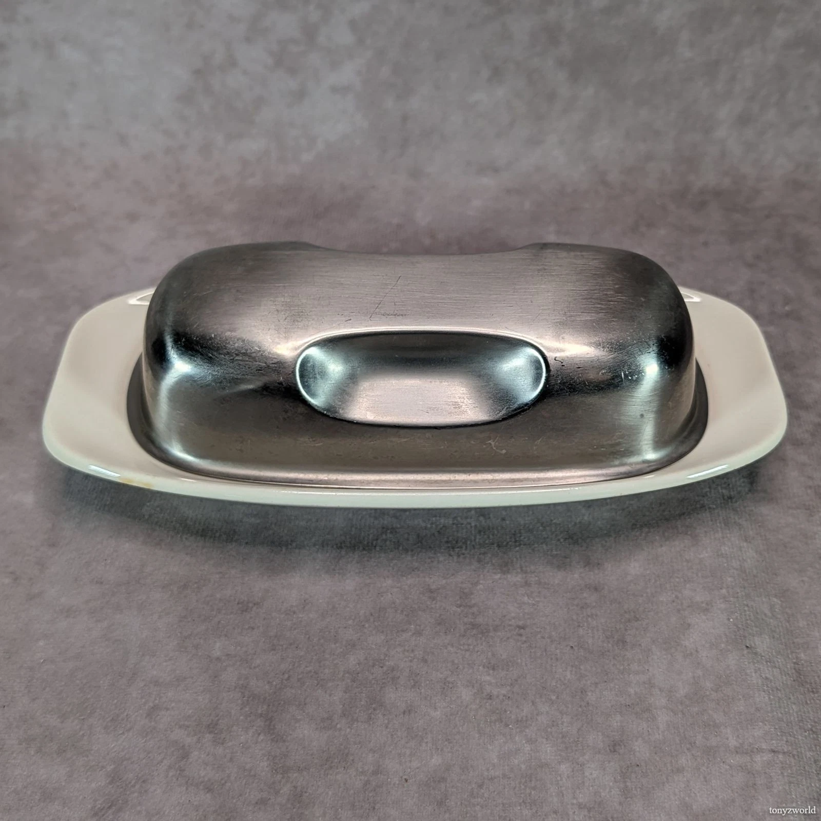Vintage Oneidacraft Stainless Steel Dome Butter Dish & White Ceramic Base MCM
