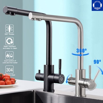 3-Wege Küchenarmatur – Mit Wasserfilteranschluss, Aus Messing, Schwenkbar, Gebürstete Oberfläche